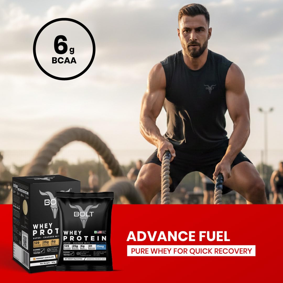 Bolt Whey Protein Protein Powder | 5 Sachet Travel Pack (5×33g) | Piedmont Chocolate | 25g Protein per Serving | 6g BCAA | Muscle Support & Recovery | No Added Sugar | Gluten-Free | Easy to digest