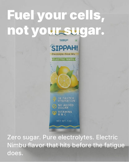 Tanrom Lifesciences TAKE A SIPPAH! Electrolyte Powder Drink Mix, Electric Nimbu (Lemon-Lime) Flavor, No Added Sugar Hydration, Vitamins B12, B6, and C, 10 Single-Serve Electro Sticks for Workouts, Travel, and Daily Recovery