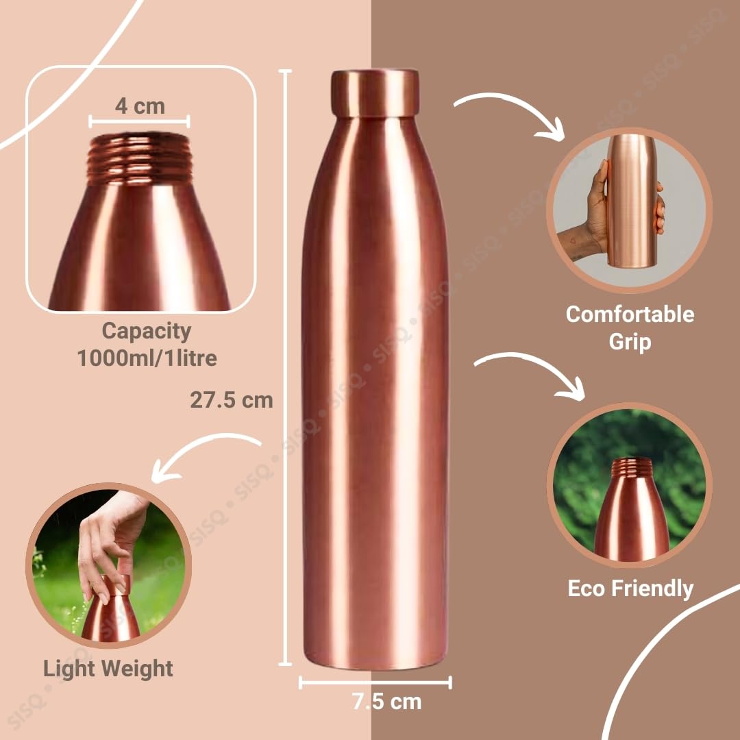 Sisq® Pure Copper Water Bottle 1 Litre | Handcrafted Dude 1000ml Copper Bottle for Drinking | Designed for Sustainable Living