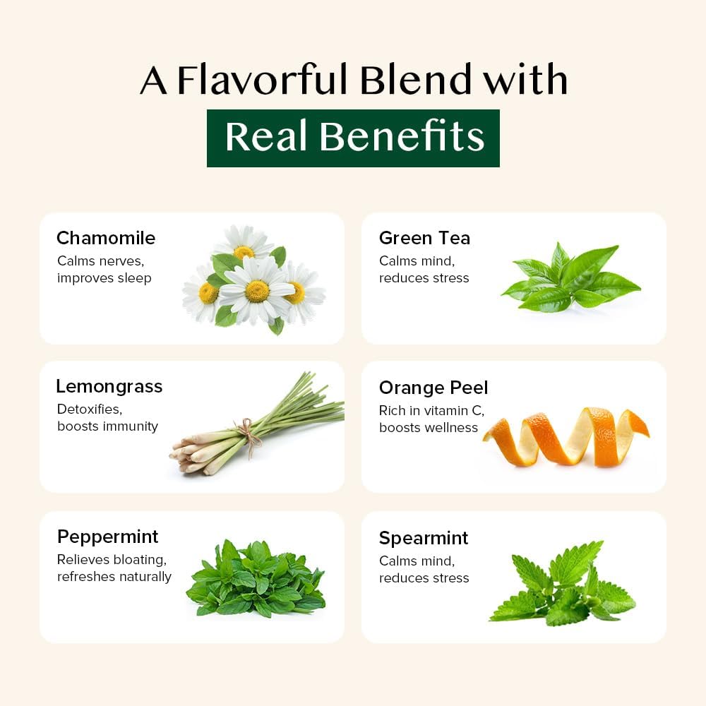 VAHDAM, Chamomile Mint Citrus Green Tea Bags (50 Count) | Sweet & Floral |Low Caffeine, Non-GMO, Gluten Free | Resealable Ziplock Pouch | Chamomile, Mint Tea Bags