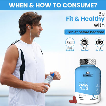 Naturyz Triple Strength ZMA Plus, 5-in-1 Muscle Strength & Nightime Recovery Support Supplement with 450 mg Magnesium Aspartate, Tribulus, Zinc, B6, Black Pepper for Men & Women - 50 Tablets