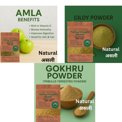 Natural Organic Herbal Health care combo Powder -Amla-Gokhru-Giloy -150g Pack of 3 each 50g -Natural ingredients-No Mixing-Ayurvedic-असली-Improves the stamina and athletic performance