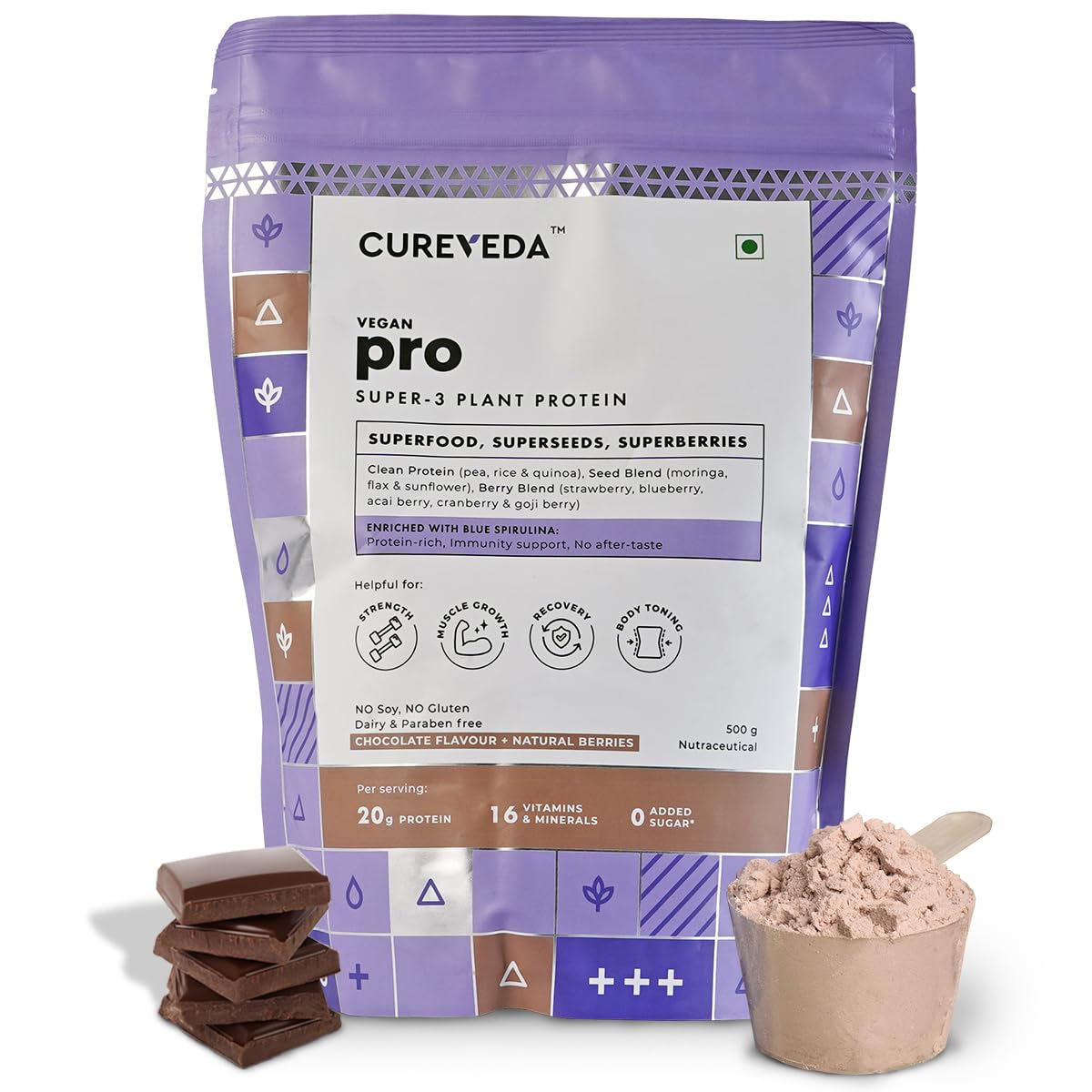 Cureveda PRO Super-3 Vegan Plant Protein powder with Superfood, Superseeds & Sup