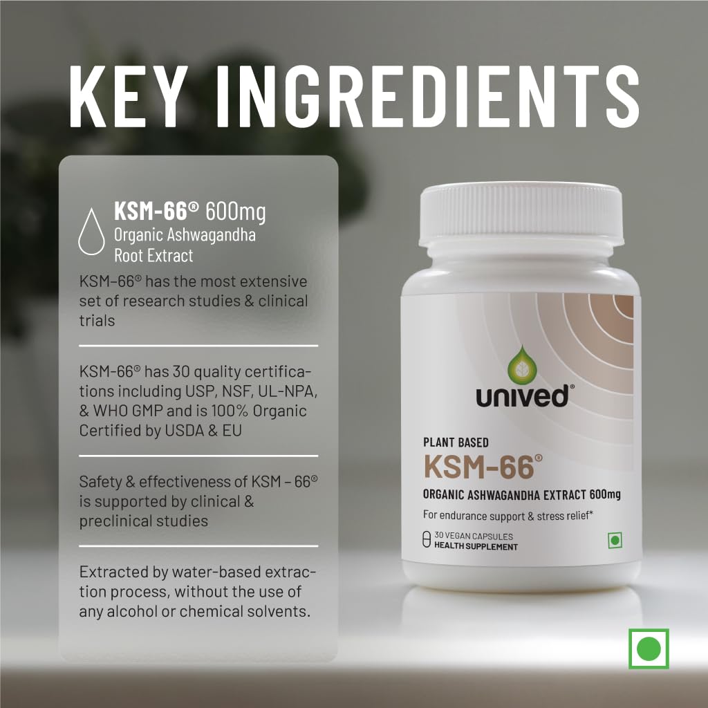 Unived KSM-66 Ashwagandha | 600mg Vegan Full Spectrum Root Extract Standardized to 5% Withanolides | for Stress, Anxiety, Endurance, & Strength (30 Vegan Caps)