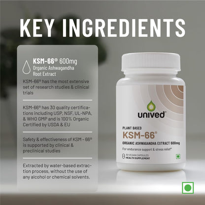 Unived KSM-66 Ashwagandha | 600mg Vegan Full Spectrum Root Extract Standardized to 5% Withanolides | for Stress, Anxiety, Endurance, & Strength (30 Vegan Caps)