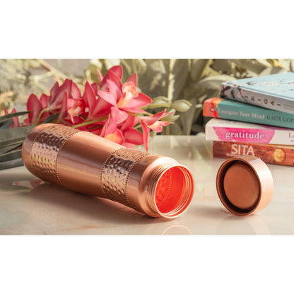 INDIAN ART VILLA Pure Copper Water Bottle With Half Lacquer Hammered Ch- image 5