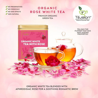 Tifusion Organic White Tea with Rose for Healthy Hair & Glowing Skin With Green World Healthiest Tea Antioxidant Herbal Cooler Tea (100 Gram, 50 Serving Cups)