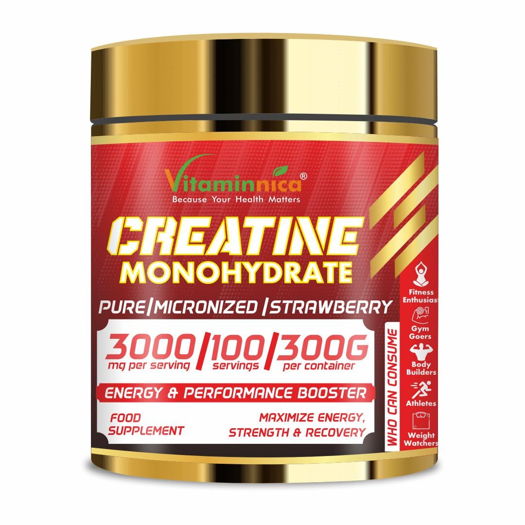 Vitaminnica Micronized Creatine Powder- 100 Servings - 300g |100% Pure Creatine Monohydrate Powder for Performance and Muscle Power (100 Servings, Strawberry)