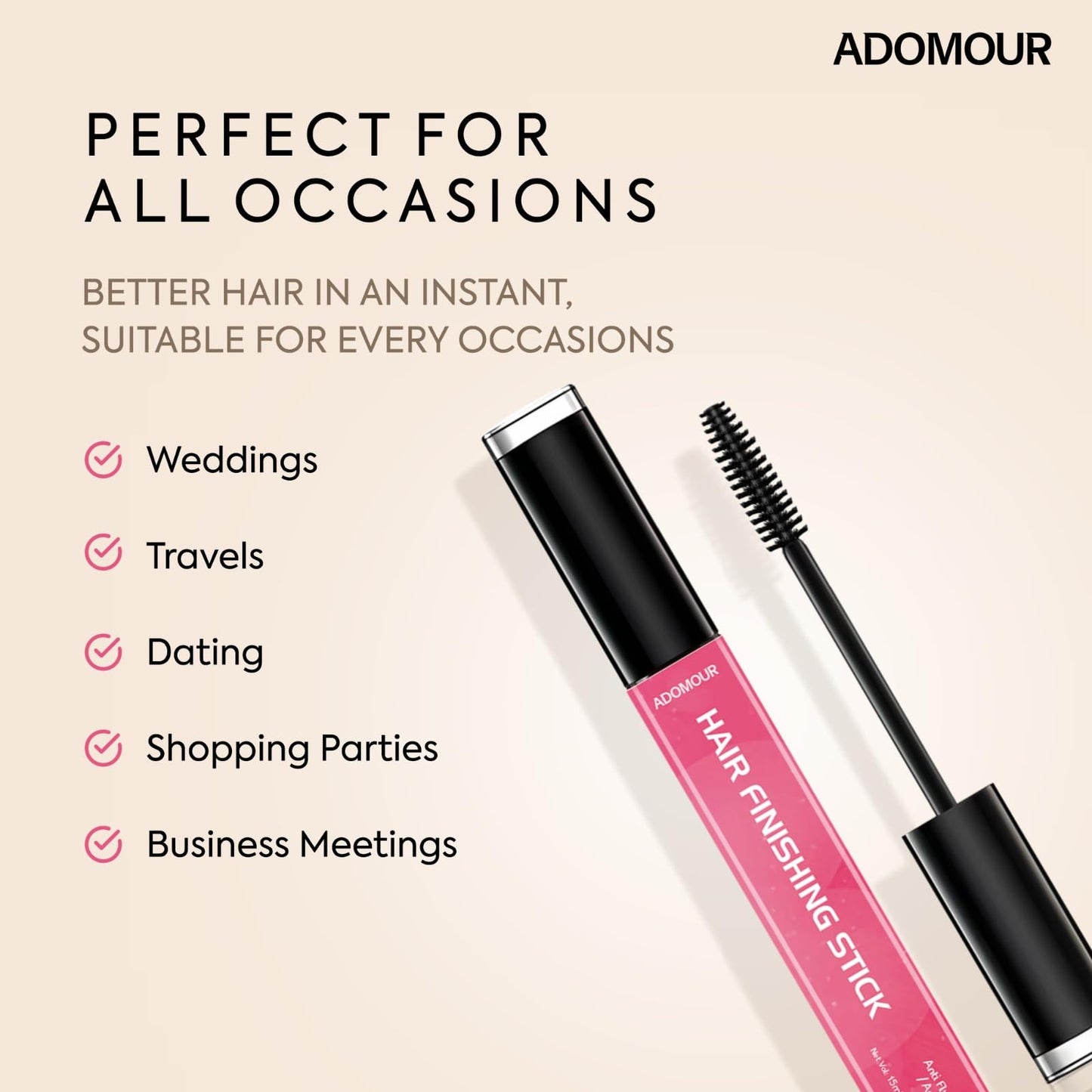 ADOMOUR Hair Finishing Stick Gel 15Ml | Anti Flyaway Stick To Tame Frizzy, Flyaways And Baby Hairs For Sleek And Polished Look | Non-Greasy, Non-Sticky | All Hair Types