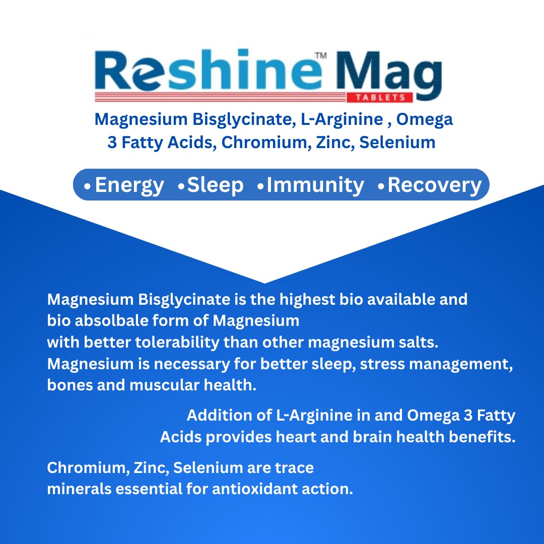 Reshine Mag Magnesium Bisglycinate Tablets (80 mg Elemental Magnesium) | For Sleep, Stress & Muscle Relaxation | Heart & Brain Support | With Omega-3, Zinc & Selenium | Pack of 3 (30 Tablets)