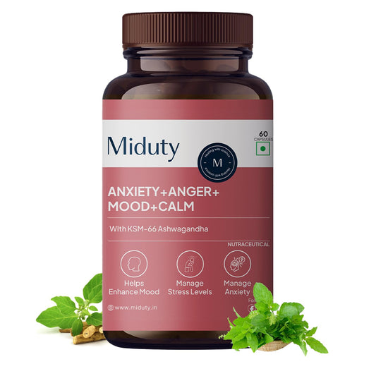 Miduty by Palak Notes Anxiety Anger Mood Calm Supplement For Happy Mood, Anti Depressant - KSM - 66 Ashwagandha Root - 5 HTP - L Tryptophan - 60 Capsules