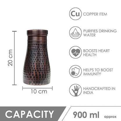 JAIN ART VILLA Copper Water Bottle | Bedside Bottle with Glass | Hammered Finish | 900 ml