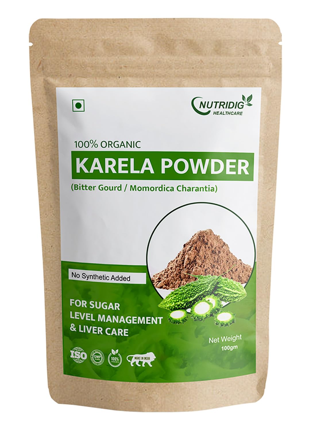 Nutridig Healthcare 100% Natural Karela (Bitter Gourd) Powder, 100gm, Cleanses Liver & Managed Blood Sugar Level | Rich in Antioxidants, Vitamins and Minerals - Diabetes Care Powder