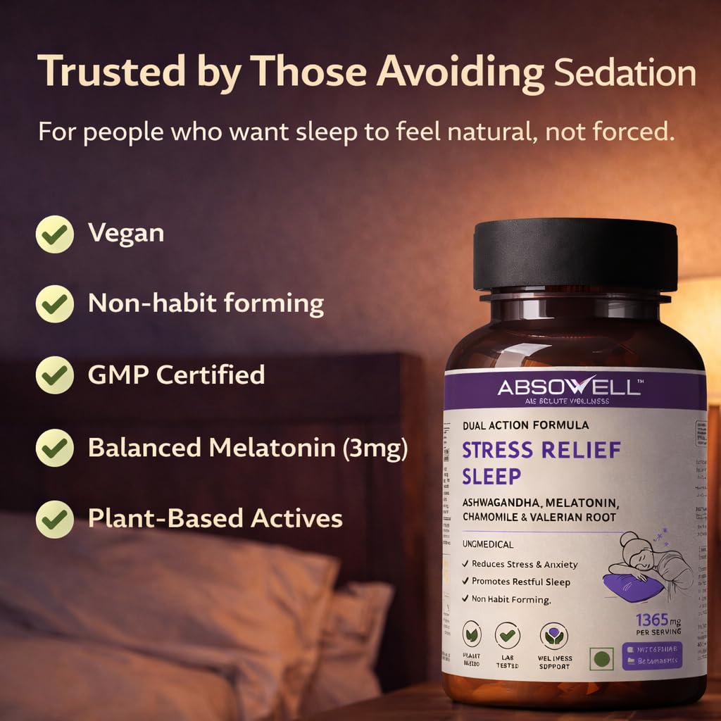 Absowell Stress & Sleep Relief | 60 Veg Capsules | Ashwagandha 300mg, L-Theanine 200mg, Valerian, Chamomile & Melatonin 3mg | Natural Non-Habit Forming Sleep Aid & Stress Relief Supplement