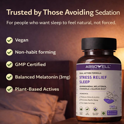 Absowell Stress & Sleep Relief | 60 Veg Capsules | Ashwagandha 300mg, L-Theanine 200mg, Valerian, Chamomile & Melatonin 3mg | Natural Non-Habit Forming Sleep Aid & Stress Relief Supplement