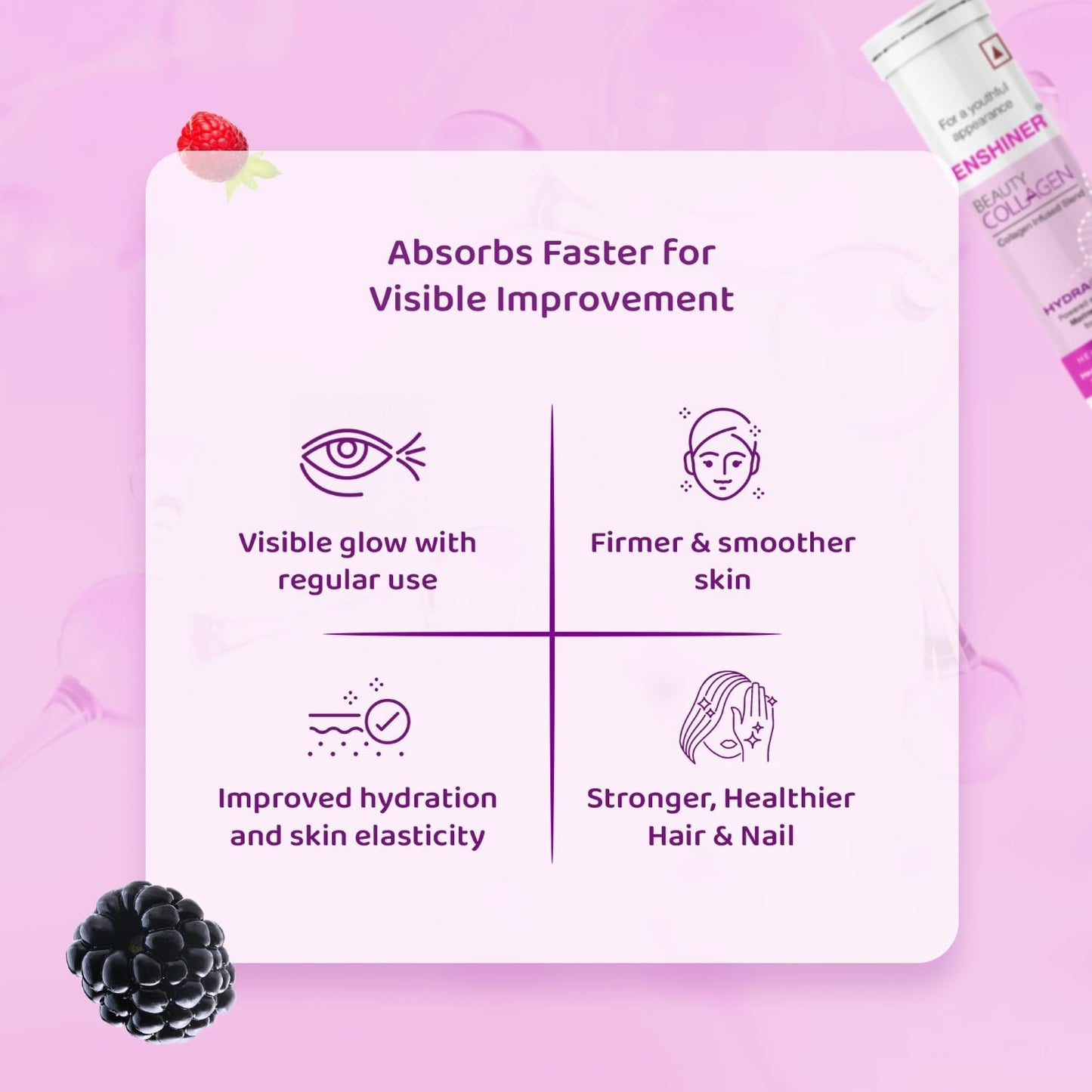 Enshiner Beauty Collagen Effervescent Tablets with Type-S Marine Collagen, Vitamin C & Biotin for Adults | Berry Blast Flavour | Supports Skin Radiance, Hair Growth & Nail Health - 10 tablets