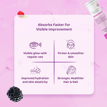 Enshiner Beauty Collagen Effervescent Tablets with Type-S Marine Collagen, Vitamin C & Biotin for Adults | Berry Blast Flavour | Supports Skin Radiance, Hair Growth & Nail Health - 10 tablets