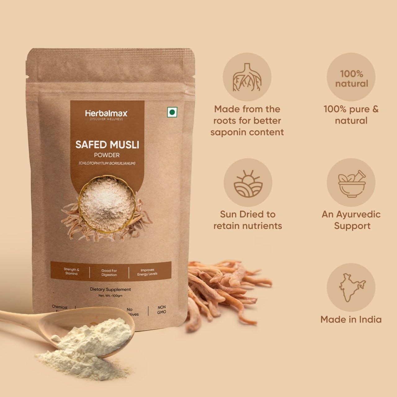 Herbal max Organic Safed Musli Root Powder | Ayurvedic Support for Vitality & Performance | Herbal Supplement | Strength & Stamina - 100 gm (Pack Of 2)