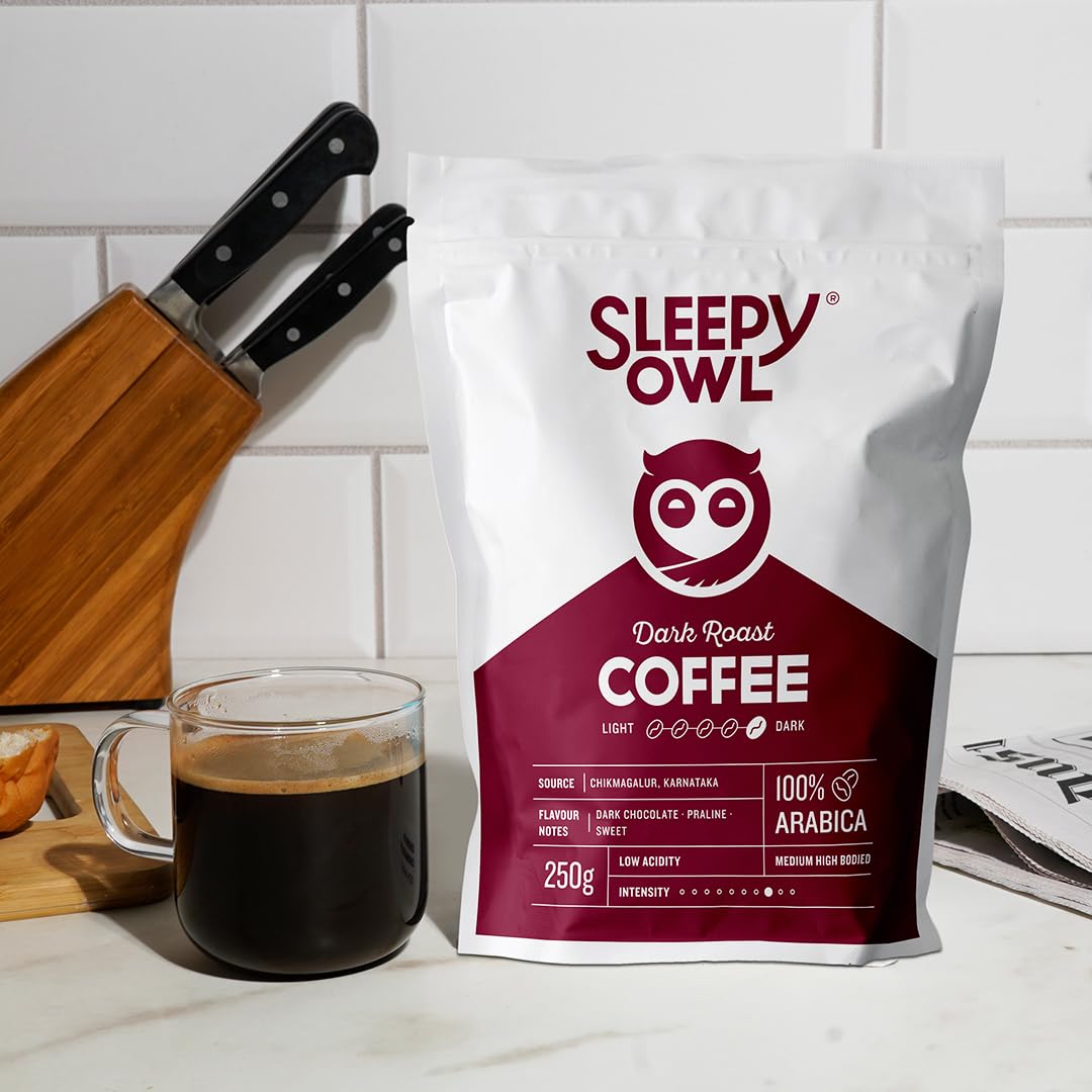 Sleepy Owl Dark Roast Ground Coffee for French Press | 100% Arabica | Coarse Grind Coffee | Also Suitable for Cold Brew Coffee | 250g | Directly Sourced From Chikmagalur
