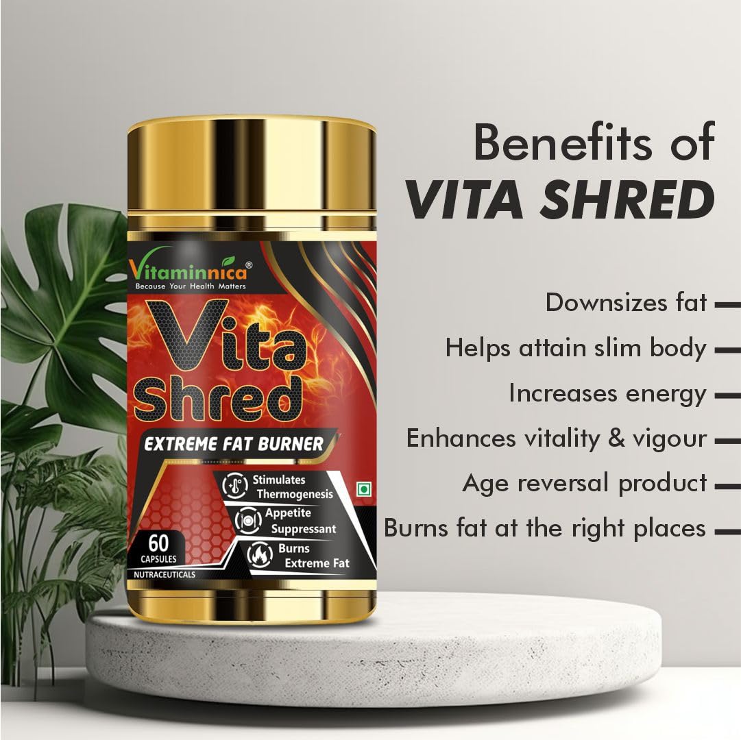 Vitaminnica Vita Shred - Fat Burner Capsules for Men and Women | Excellent Fat Burner Supplement, Metabolism Booster| Reduces Cholesterol & Sugar levels| 60 Veg Capsules