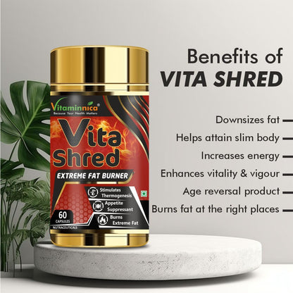 Vitaminnica Vita Shred - Fat Burner Capsules for Men and Women | Excellent Fat Burner Supplement, Metabolism Booster| Reduces Cholesterol & Sugar levels| 60 Veg Capsules