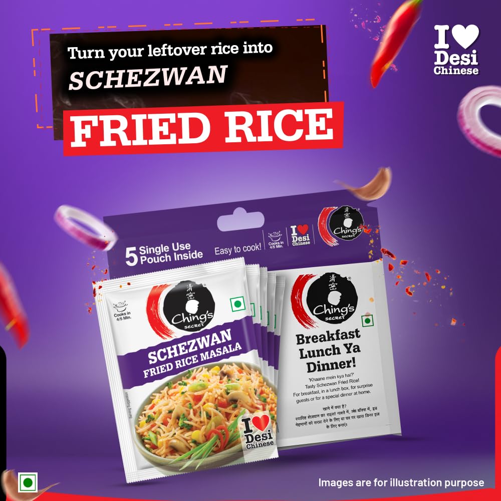 Ching’s Secret Desi Chinese Schezwan Fried Rice Masala, 100g, Authentic Schezwan Flavour, Easy To Cook, Meal Kit, Cooks in 4/5Mins, 1 Pouch Serves 4, Pack of 5 Single Use Pouches