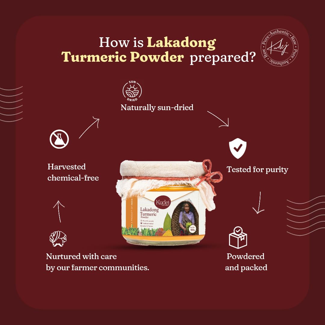 Kudej Lakadong Turmeric Powder with highest curcumin upto 9% from Meghalaya Hills| 100% Organically grown, Best haldi powder for Cooking and skin with fresh aroma| Boosts Daily health,150gms