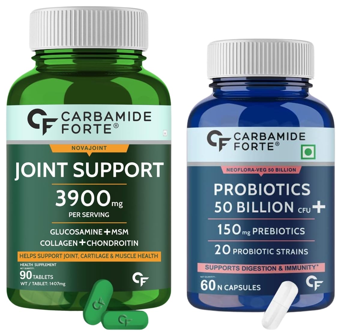 Carbamide Forte Glucosamine Chondroitin MSM 3900mg + Probiotics 50 Billion CFU Combo – 90 Tablets + 60 Veg Capsules