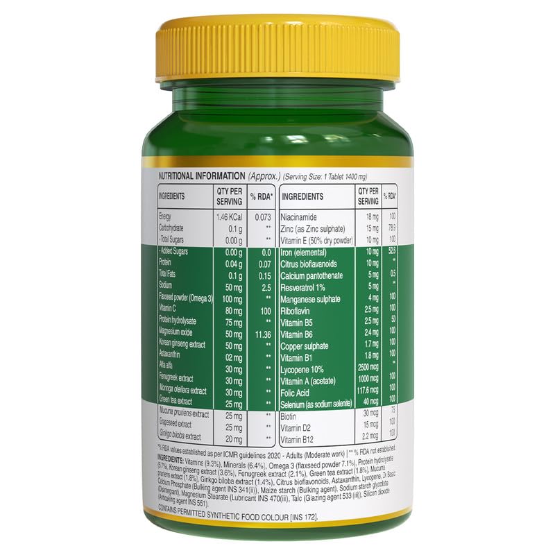 Pure Nutrition Multivitamin for Men with Biotin, Vit A, C, Iron, Alfa Alfa, Moringa, Ginseng, Fenugreek & Green Tea | Supports Immunity, Energy, Stamina, Bone & Overall Health | 60 Veg Tablets