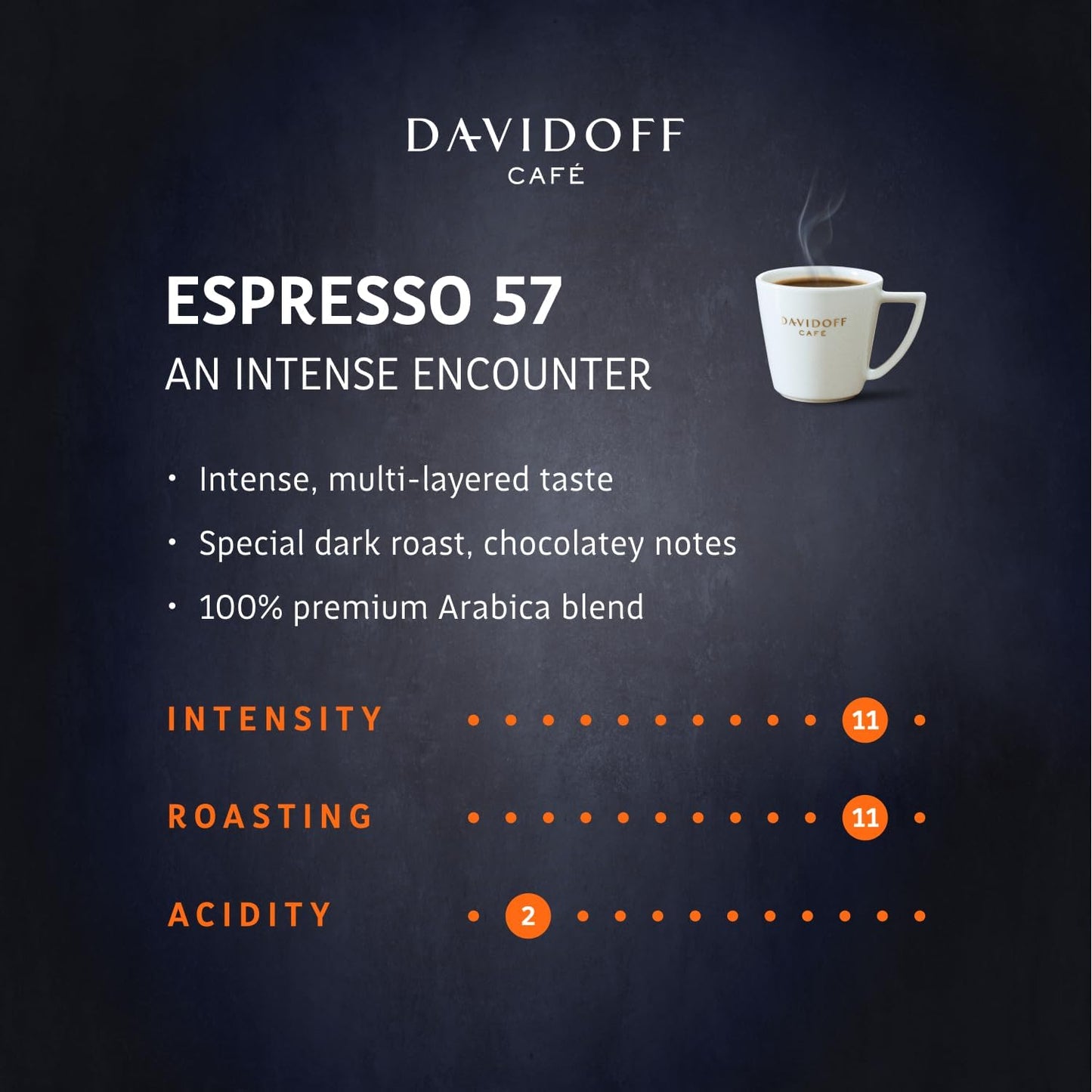 Davidoff Espresso 57 Intense Instant Coffee 11/12 Intensity - 100% Arabica, 90g, Granule, Glass Bottle