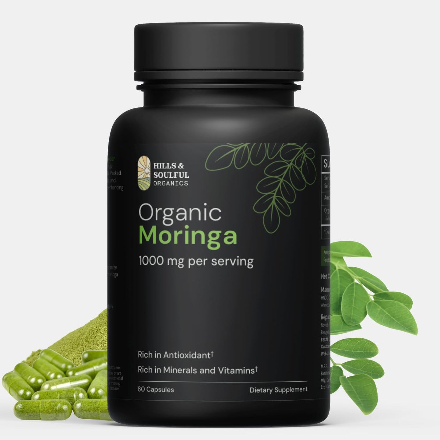 Hills and Soulful Organics Moringa Powder Capsules | Nutrient Rich Natural Green Antioxidant Superfood | Supports Energy, Skin Health, Gut Health - With Essential Vitamins & Amino Acids - 60 Capsules