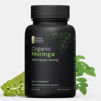 Hills and Soulful Organics Moringa Powder Capsules | Nutrient Rich Natural Green Antioxidant Superfood | Supports Energy, Skin Health, Gut Health - With Essential Vitamins & Amino Acids - 60 Capsules