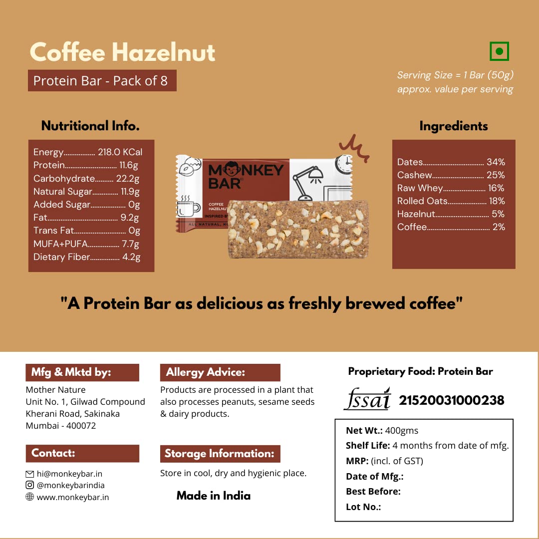 MONKEY BAR - Coffee Hazelnut Protein Bar - 8 Bars, 50g each, 12g Protei- image 3