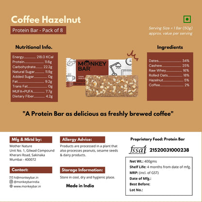MONKEY BAR - Coffee Hazelnut Protein Bar - 8 Bars, 50g each, 12g Protei- image 3