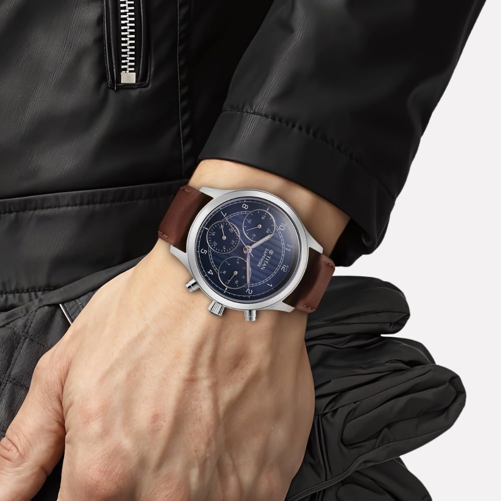 Titan Sapphire Quartz Multifunction Blue Dial Leather Strap Watch for M- image 3