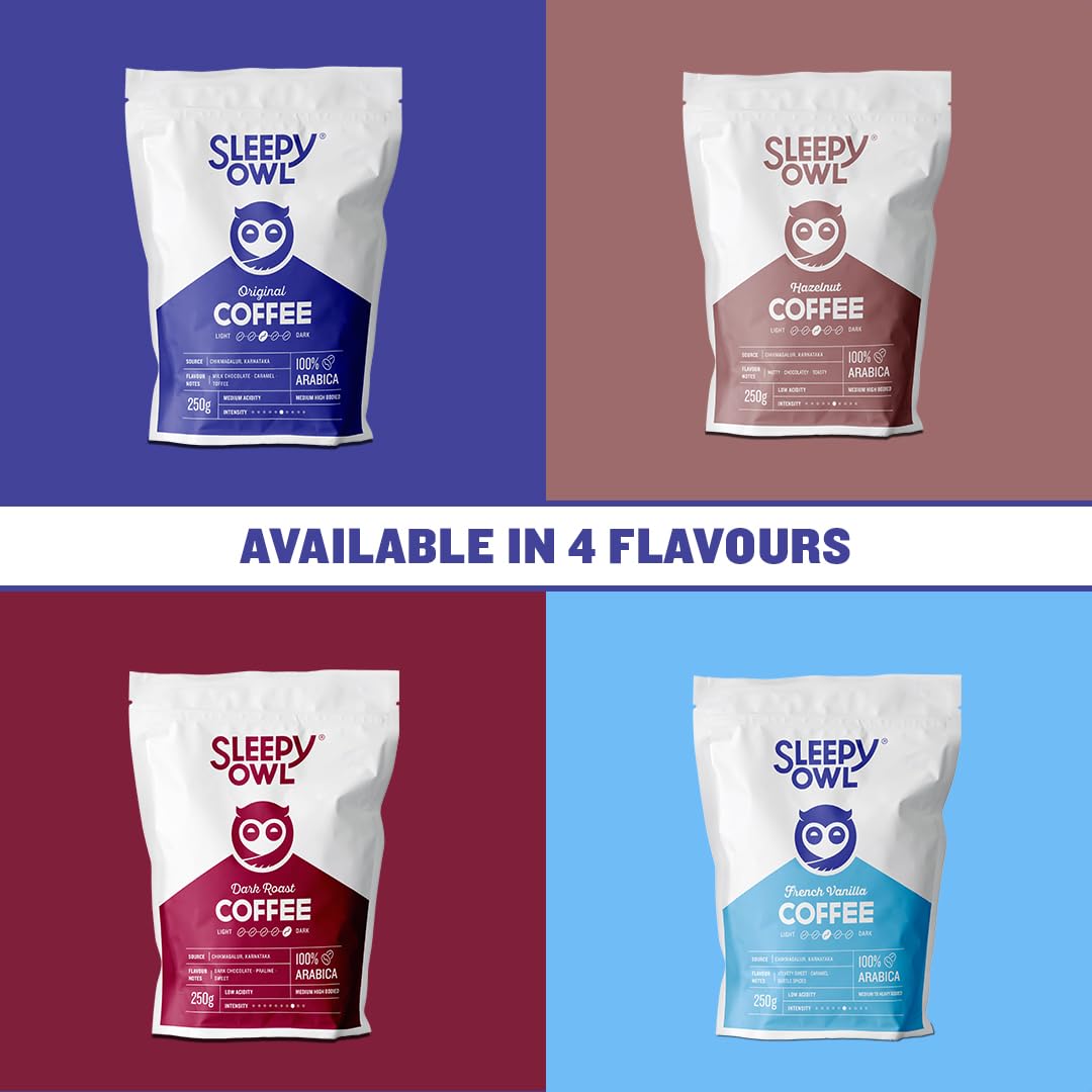 Sleepy Owl Ground Coffee for French Press | 100% Arabica Beans | Medium Roast - Original Flavour | Coarse Grind for Fresh Hot & Cold Brew | Premium Roasters | 250 gm | Chikmagalur Origin