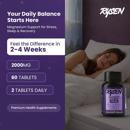 RYSEN Magnesium Glycinate 2000mg (60 Vegan Tablets) | 440mg Elemental Magnesium | High Absorption Chelated Supplement for Sleep, Stress Relief, Muscle Recovery & Calm Mind | Lab Tested For Men & Women