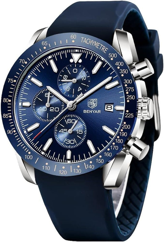 BENYAR Luxury Business Casual Party-Wear Silicone Chronograph Date Display Men's Watch (Blue Dial Blue Colored Strap)