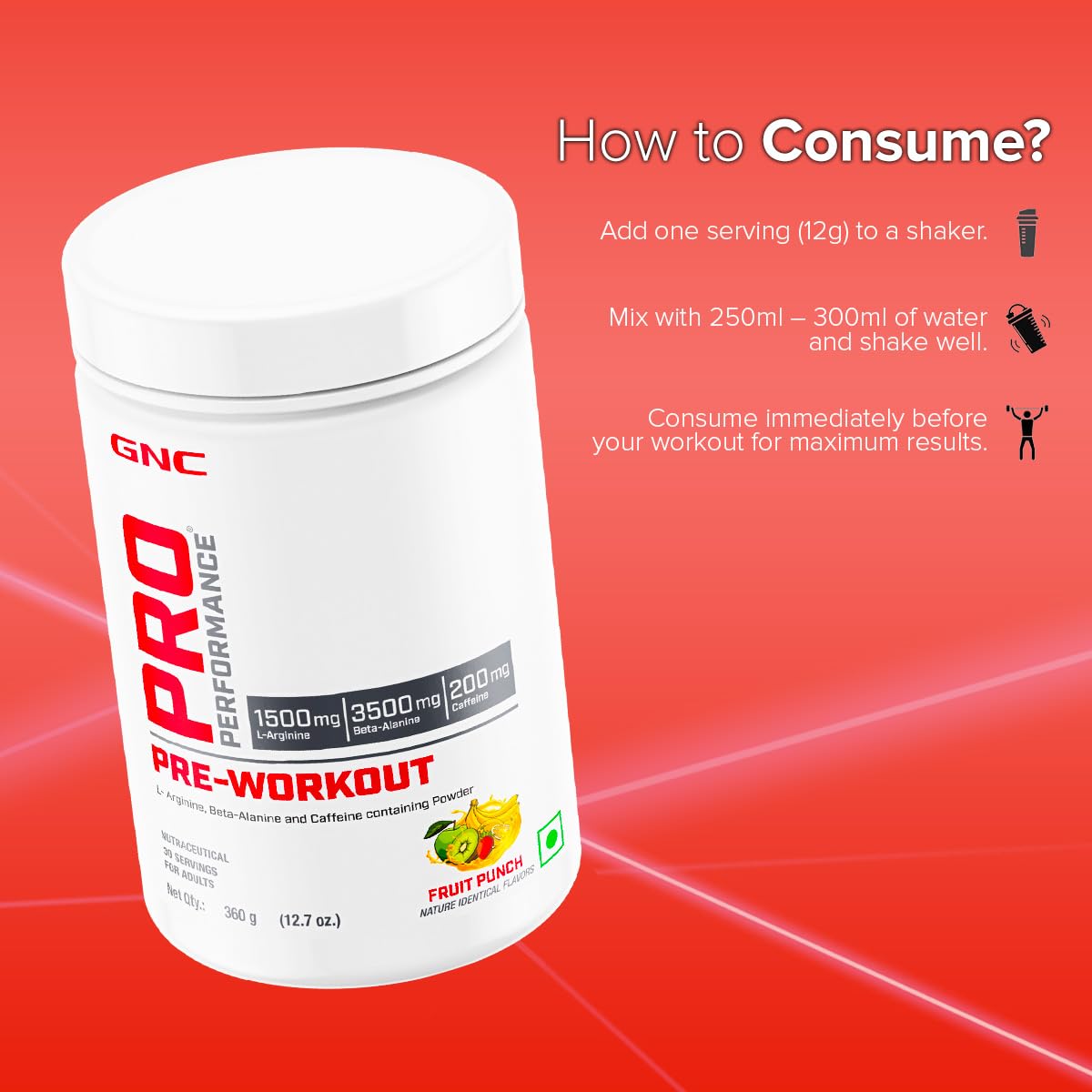 GNC Pro Performance Pre-Workout | 360 gm | 30 Servings | Boosts Pump & Energy | Speeds Up Recovery | 1500 mg L-Arginine | 3500 mg Beta-Alanine | 200 mg Caffeine | Fruit Punch