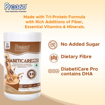 Pro360 Diabeticare Pro Protein Powder for Diabetic Nutrition Supplement for Diabetes Care Helps in Managing Glucose Levels - Zero Added Sugar - Coffee Flavour 200gm