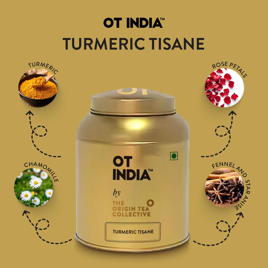 OT INDIA Turmeric Tea - 50 gram (30+ Cups) | Flower Based Whole Leaf Tea | Pure Herbal Tisane- Savory & Spicy | Rich in Antioxidants | Caffeine and Gluten Free |Helps in Boosting Immunity (Pack of 1)