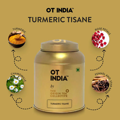 OT INDIA Turmeric Tea - 50 gram (30+ Cups) | Flower Based Whole Leaf Tea | Pure Herbal Tisane- Savory & Spicy | Rich in Antioxidants | Caffeine and Gluten Free |Helps in Boosting Immunity (Pack of 1)