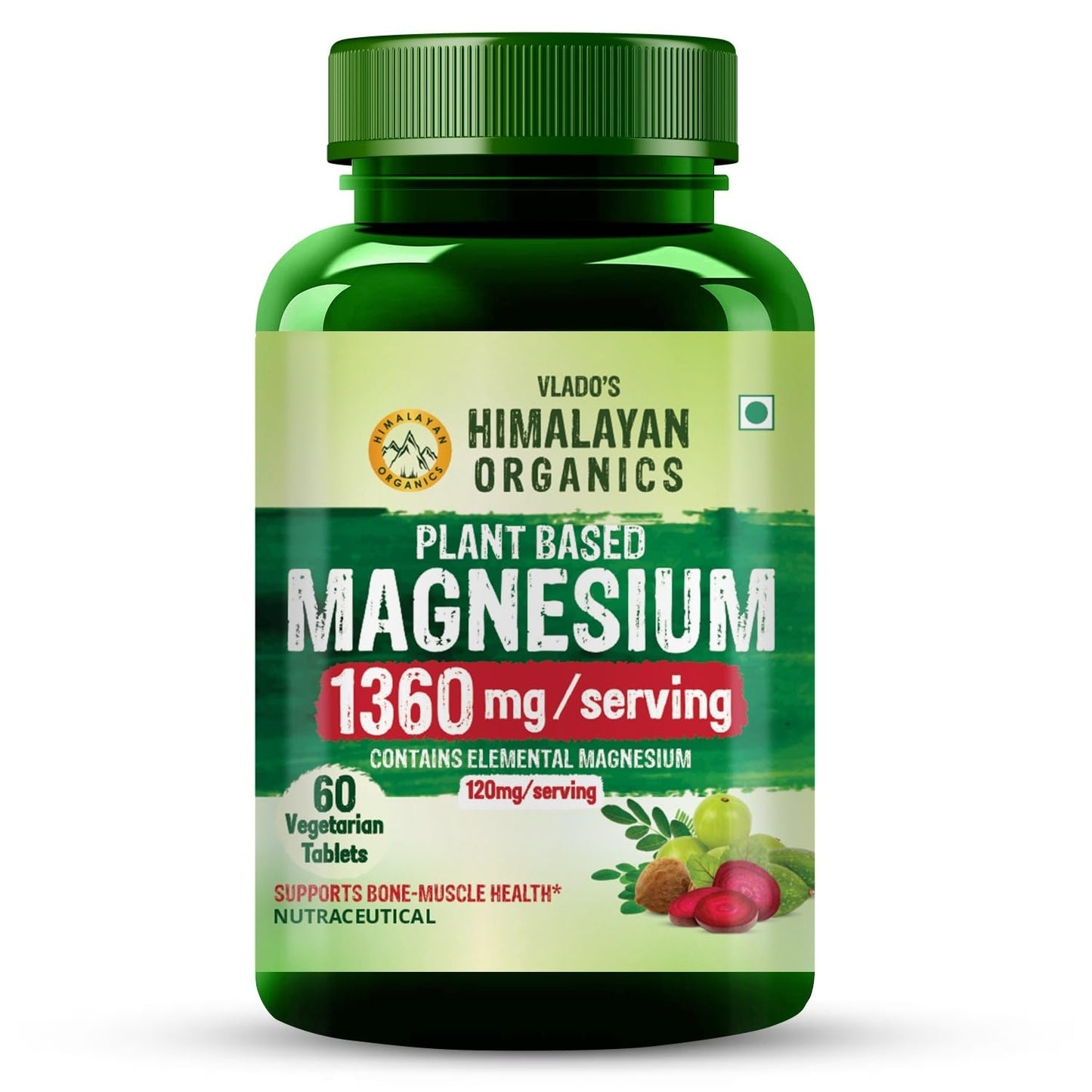 Vlado's Himalayan Organics Plant Based Magnesium Supplement 1360mg With Turmeric Spirulina, Wheatgrass, Moringa | Clinically Approven | Supports Bone Muscle & Bone Health | Boost Energy Level - 60 Veg Tablets