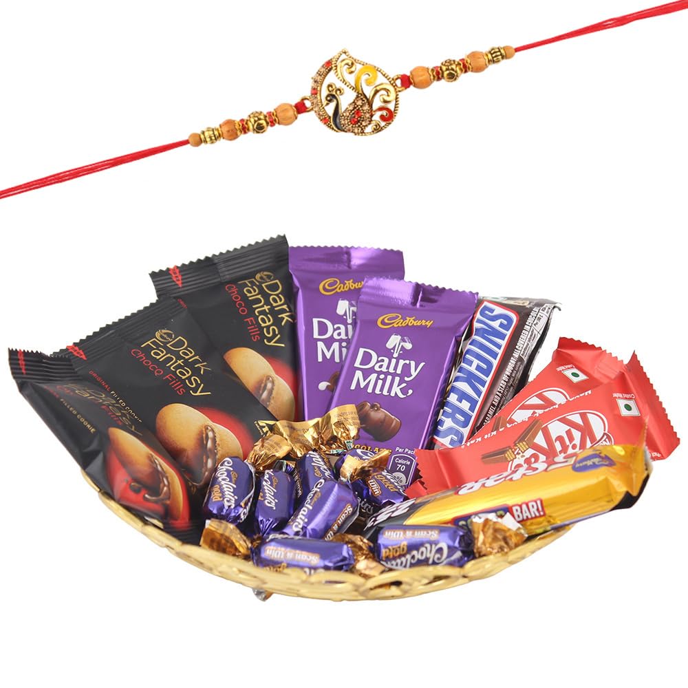 SFU E Com Cadbury Dairy Milk Chocolates With Basket | Rakhi Chocolate for Brother | Peacock Rakhi With Chocolates | Roli, Chawal, Chandan, Misri | 1090