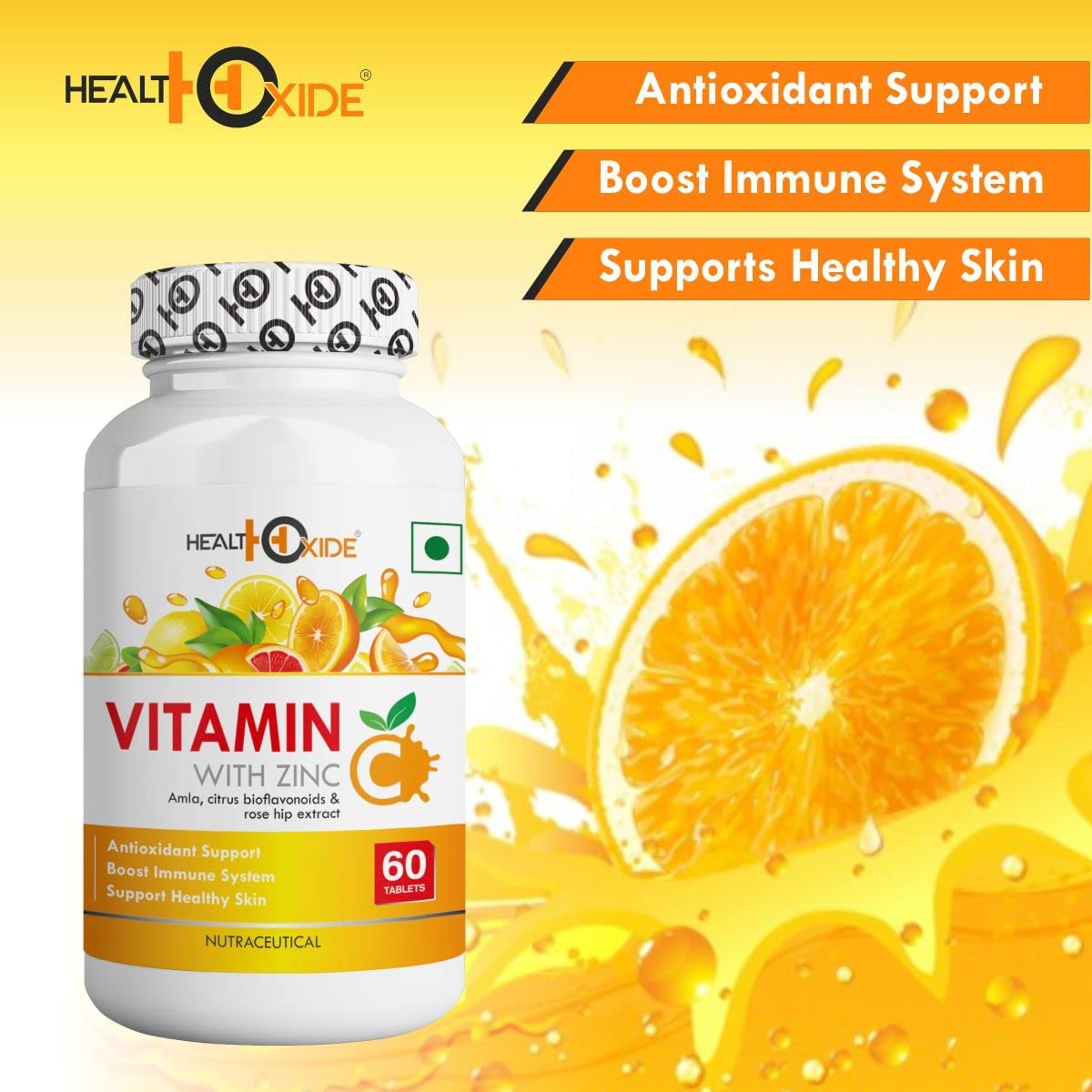 HEALTHOXIDE Pure Vitamin C 1000mg Tablet Supplement- Boost Immune System, Skin Glow, AntiOxidant - 60 Tablets