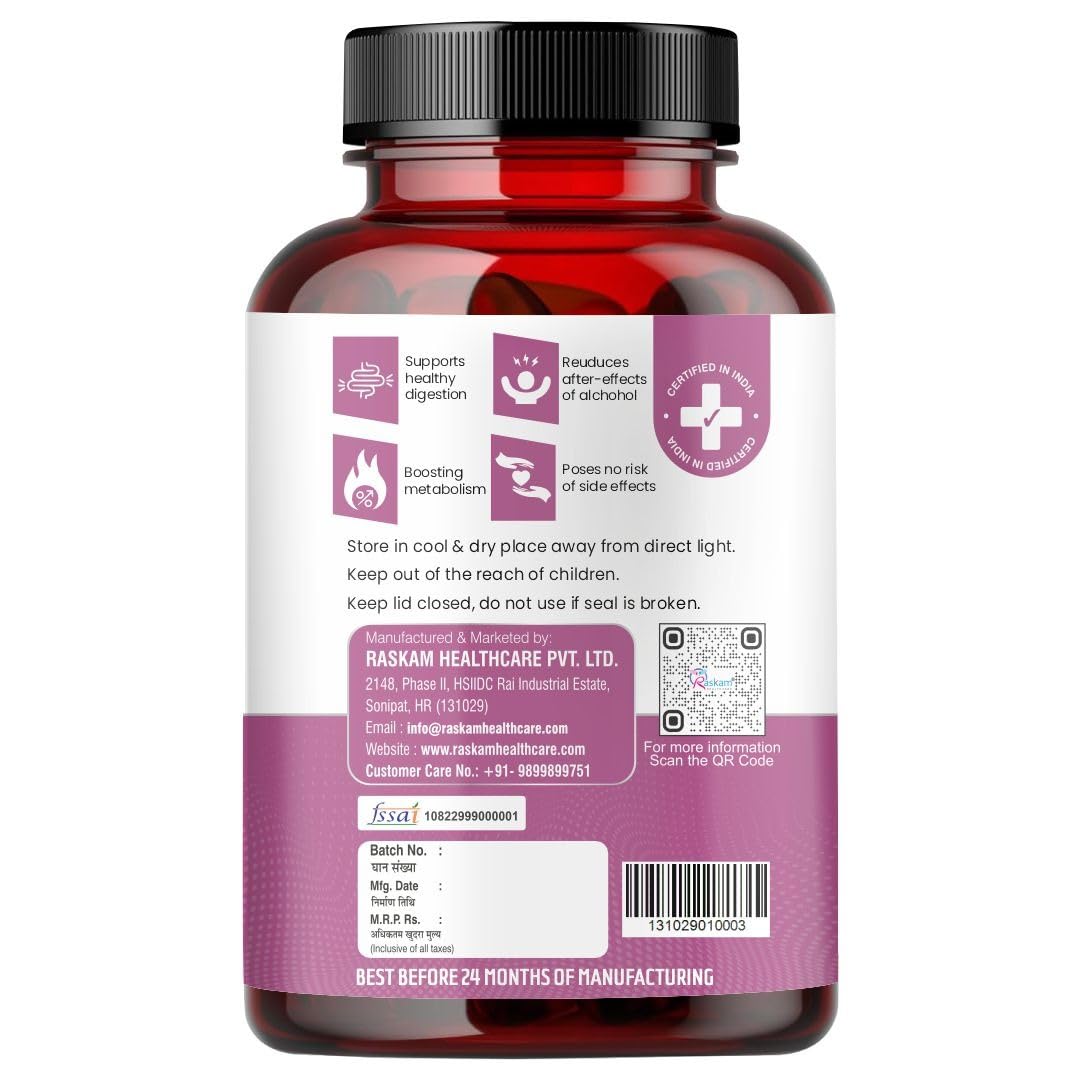 Raskam Party Well 60 Capsules- Anti Hangover Formula- Prevents hangover & Helps Support liver. Herbal Solution, Safe, Effective & Clinically Proven