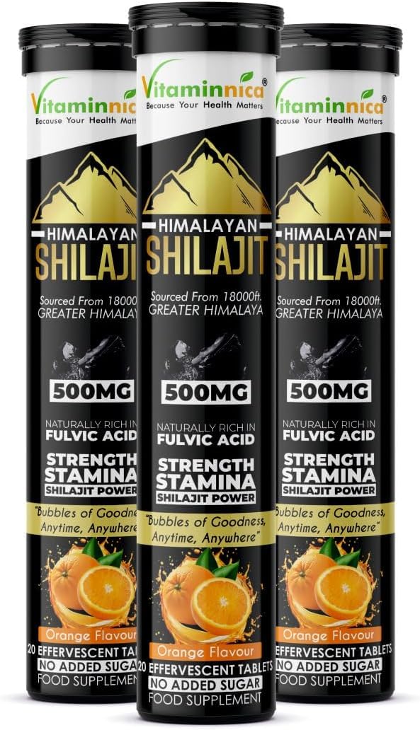 Vitaminnica Himalayan Shilajit Gold Effervescent Tablets, Orange Flavour, High Strength Fulvic Acid, Stamina & Immunity Support, 20 Count (Pack of 3)