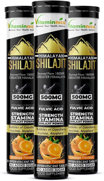 Vitaminnica Himalayan Shilajit Gold Effervescent Tablets, Orange Flavour, High Strength Fulvic Acid, Stamina & Immunity Support, 20 Count (Pack of 3)