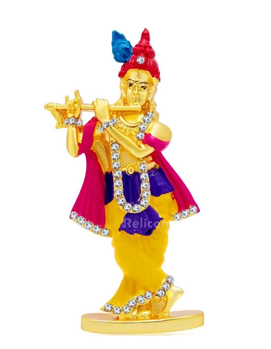 Relicon Lord Krishna Idol (Design-39) Silver Gold Metal Statue for Car Dashboard