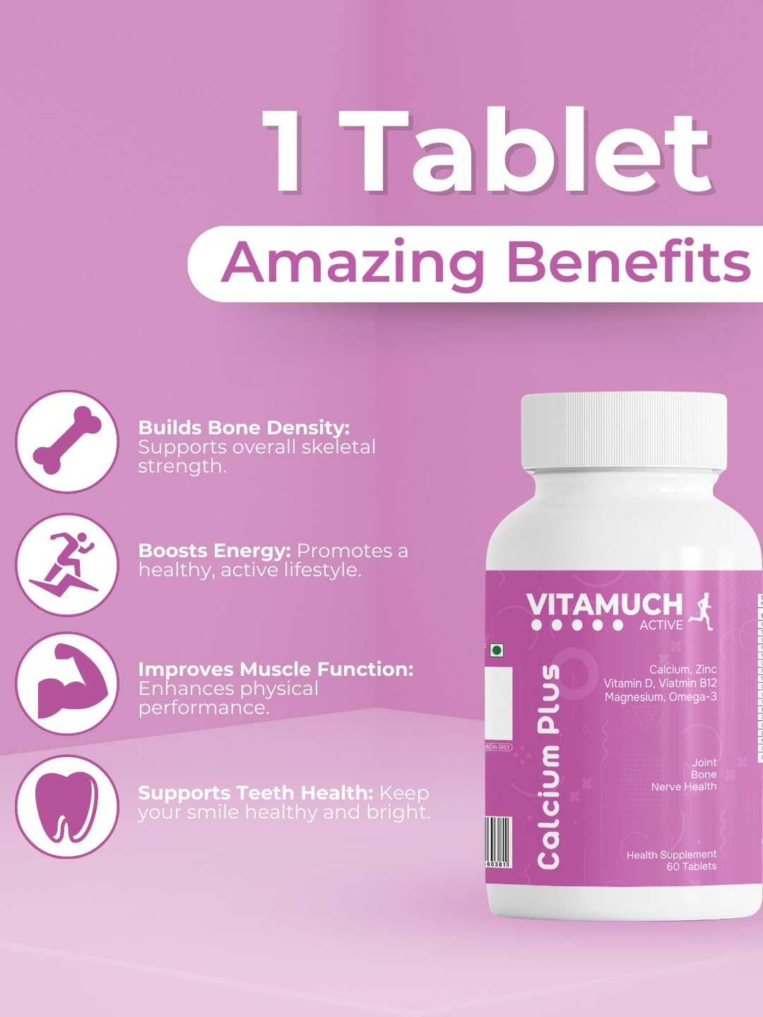 Vitamuch Calcium, Magnesium, Vitamin D2, B12 & Omega-3 Tablets | Bone Strength, Brain & Heart Health | With Zinc, Boron, Manganese & Copper | 30 Days Pack (60 Veg Tablets)